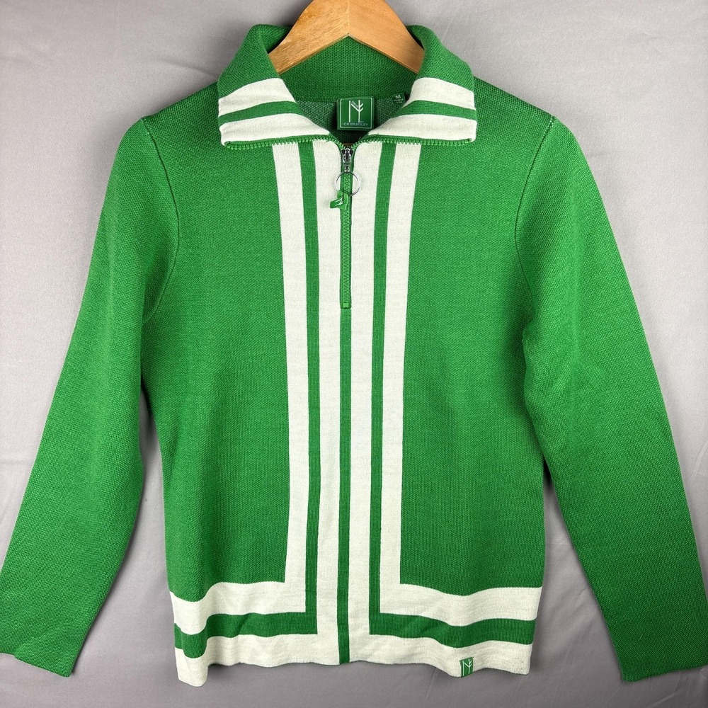 Neve by CK Bradley Womens M 1/4 Zip Wool Sweater Green Collared Striped Wool